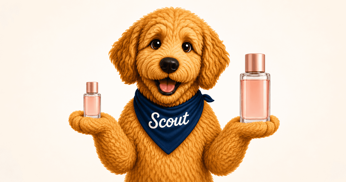 Scout the golden doodle comparing travel-size and full-size beauty bottles