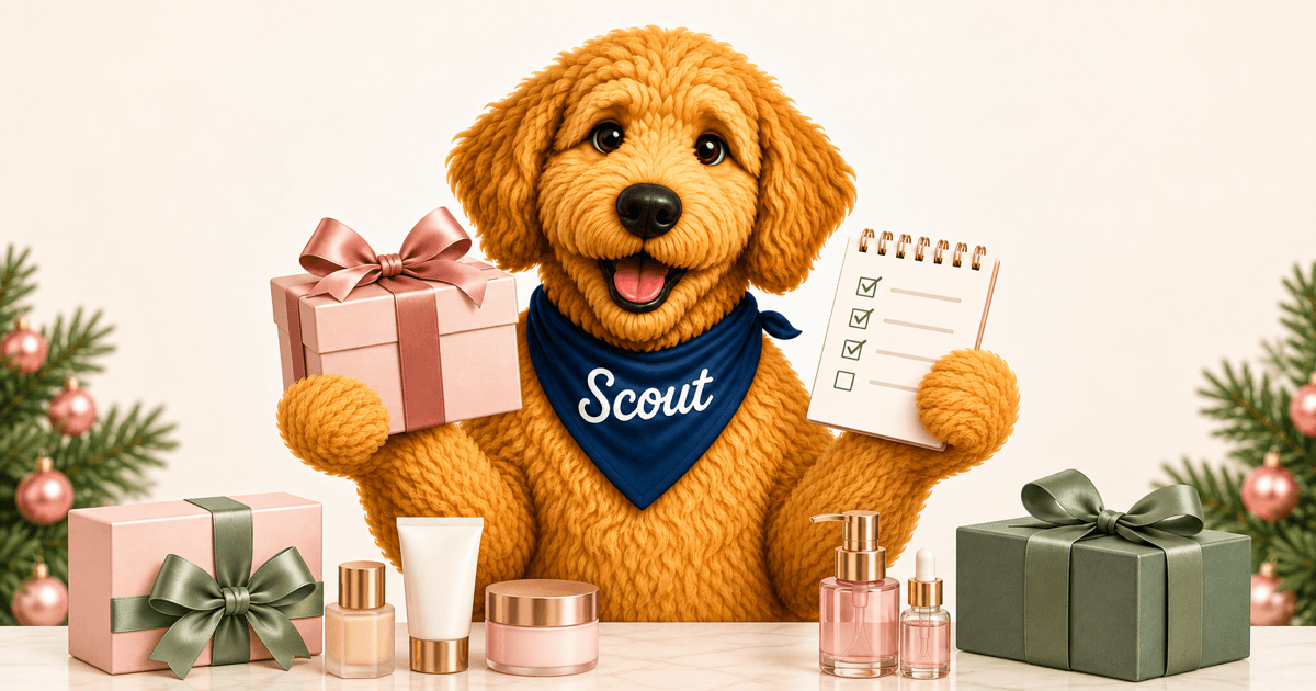 Scout the golden doodle evaluating a beauty gift set with a calculator and checklist