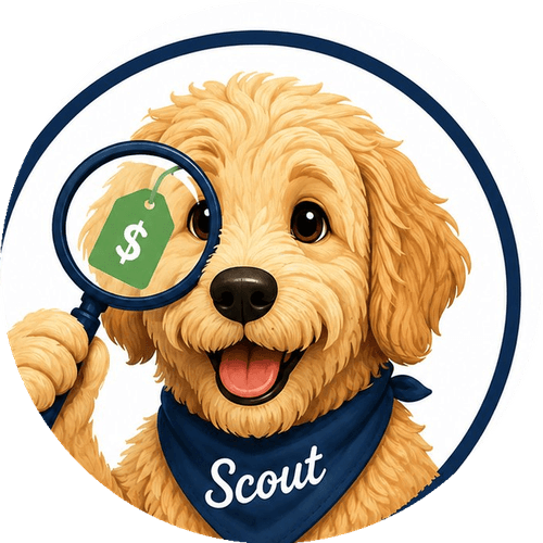 Scout checking prices with a magnifying glass