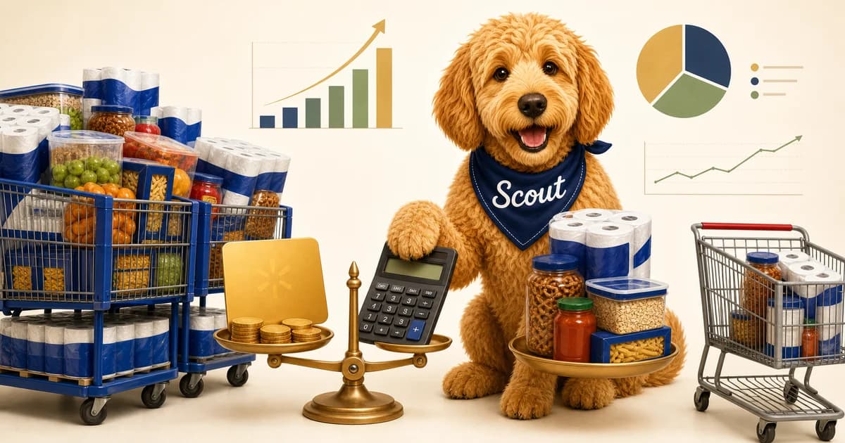 Illustrated bulk shopping carts, membership card and break-even balance