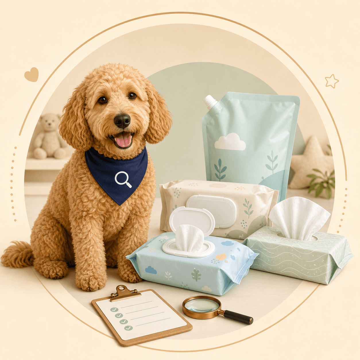 Scout holding a checklist beside baby wipes packs and refills