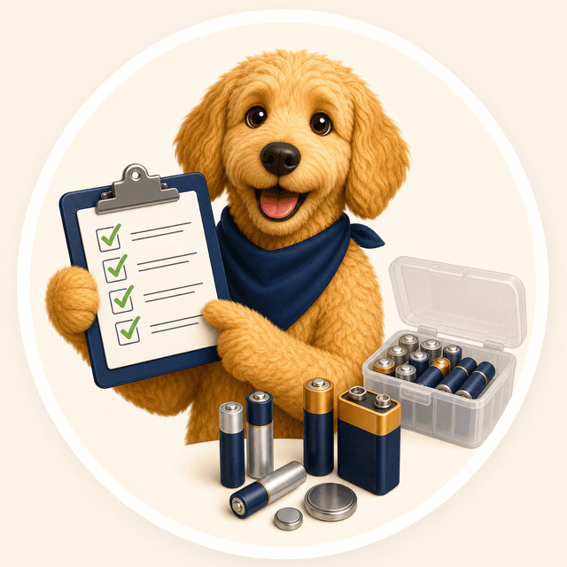 Scout holding a checklist with generic AA, AAA, 9V, and coin-cell batteries