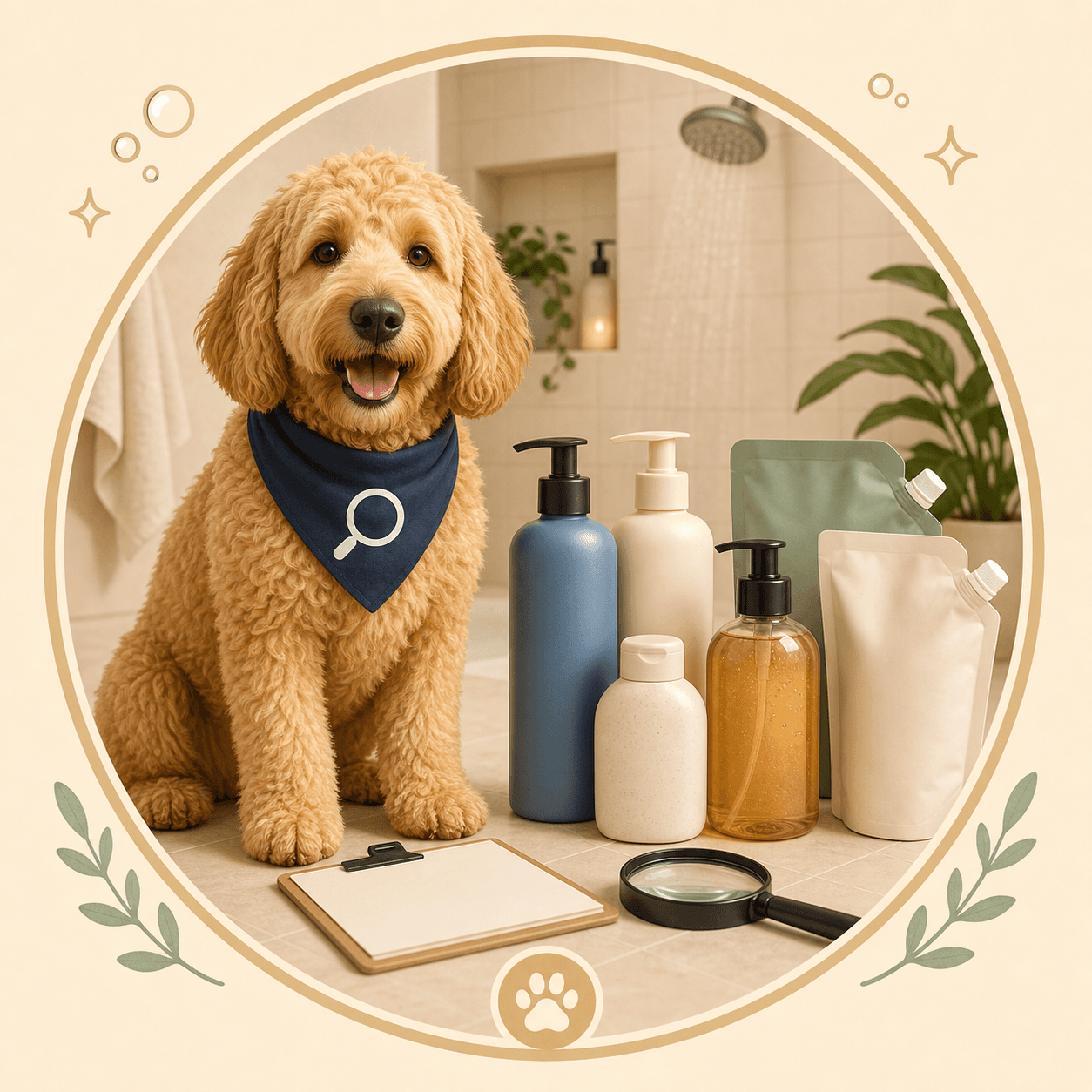 Scout holding a checklist beside body wash bottles and refills