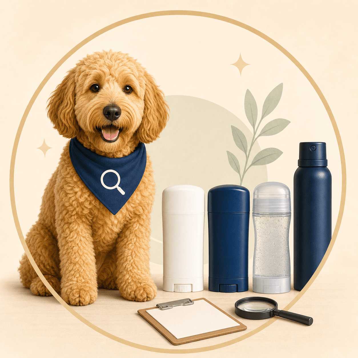 Scout holding a checklist beside deodorant sticks and sprays