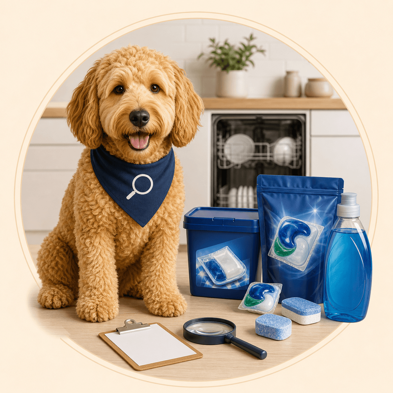 Scout holding a checklist beside dishwasher detergent pods and gel