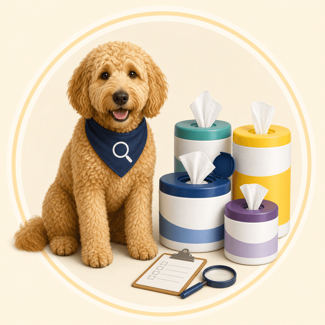 Scout holding a checklist beside disinfecting wipes canisters