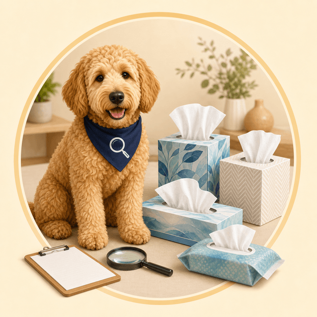 Scout holding a household checklist beside boxes of facial tissues