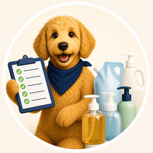 Scout holding a checklist with generic hand soap pump bottles and refill containers