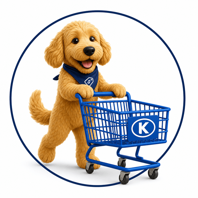 Scout pushing a Kroger-inspired shopping cart