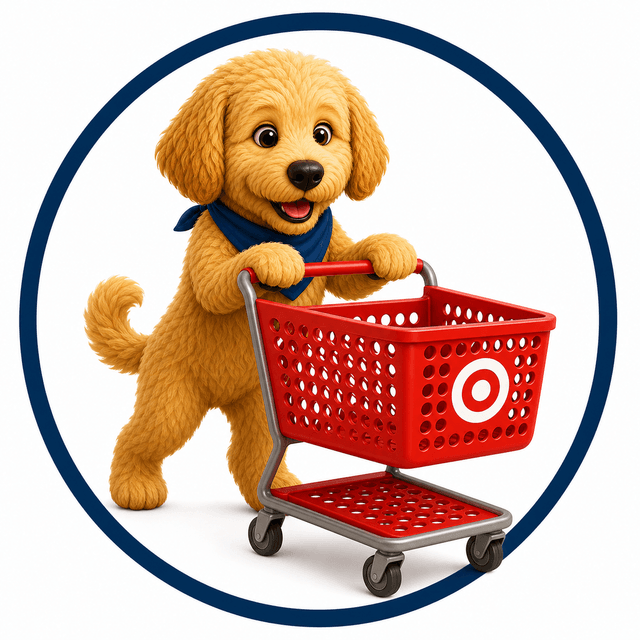 Scout pushing a Target shopping cart