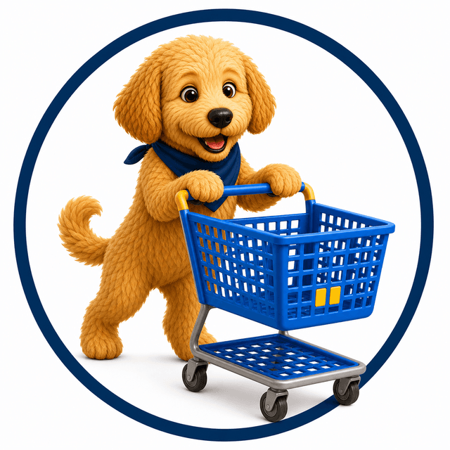 Scout pushing a blue Walmart-style shopping cart