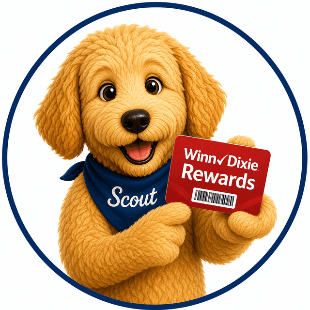 Scout holding a Winn-Dixie Rewards card