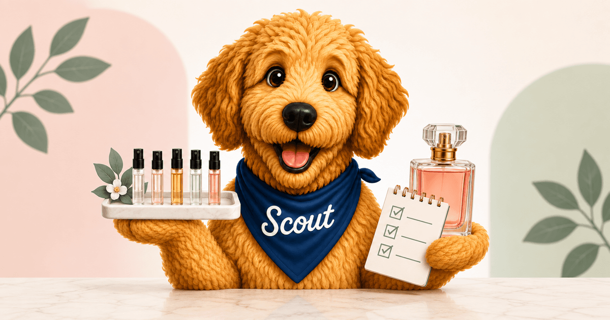 Scout the golden doodle comparing fragrance sample vials and a full-size bottle