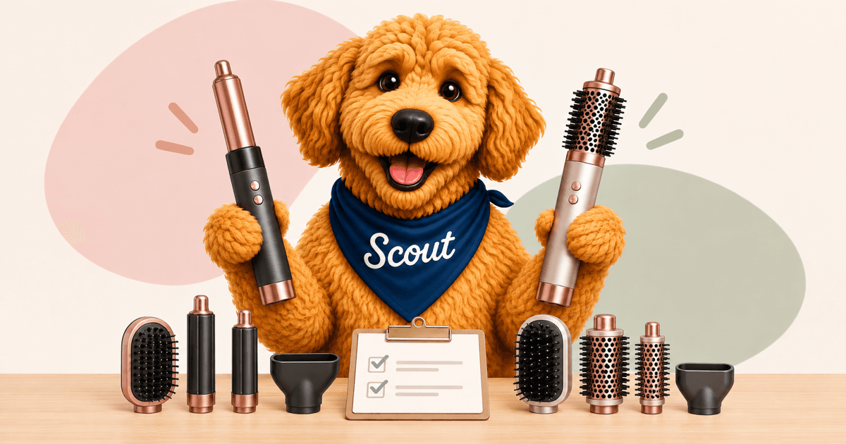 Scout the golden doodle comparing hair multi-stylers and their attachments