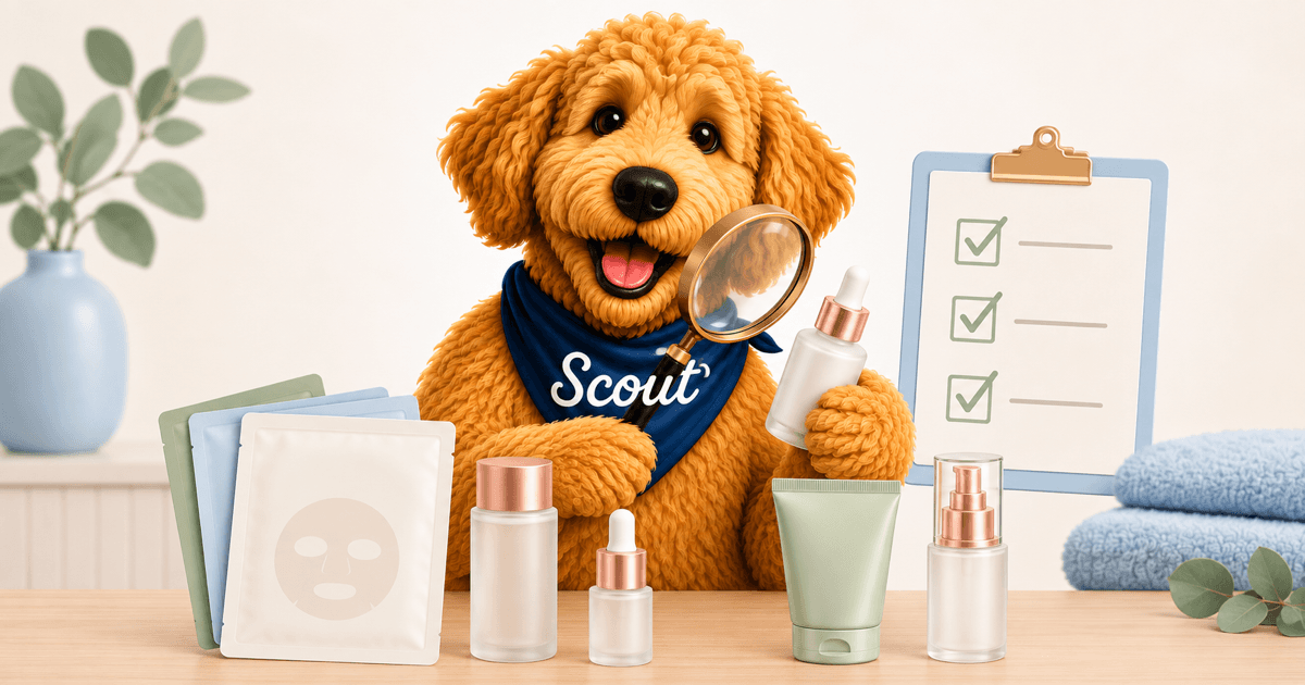 Scout the golden doodle inspecting Korean skin-care products with a magnifying glass