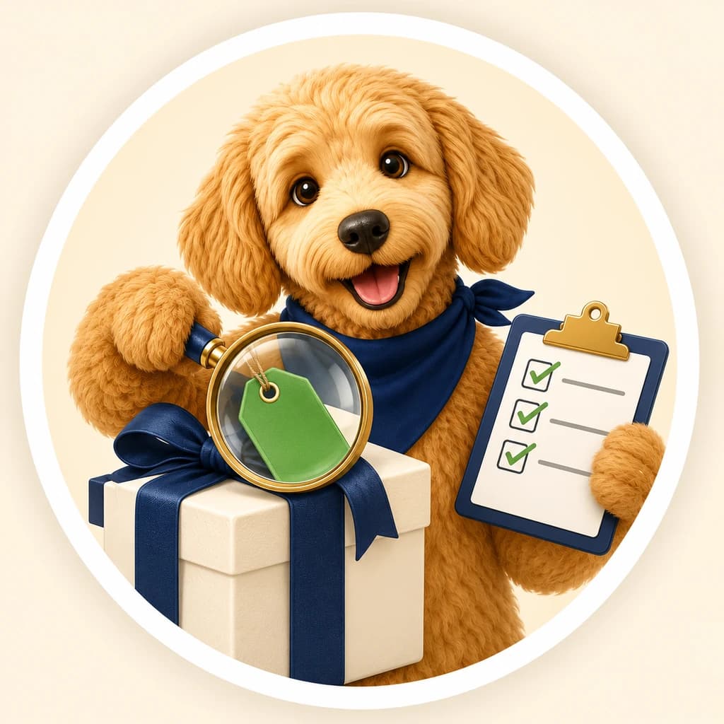 Scout the golden doodle inspecting a gift's price tag with a magnifying glass and checklist