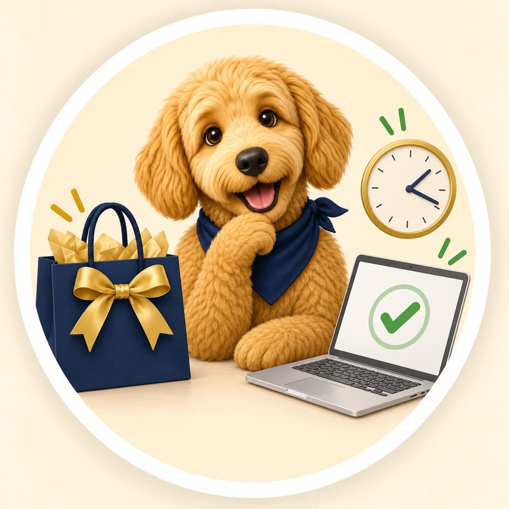 Scout the golden doodle comparing a shopping bag and laptop with a clock for purchase timing