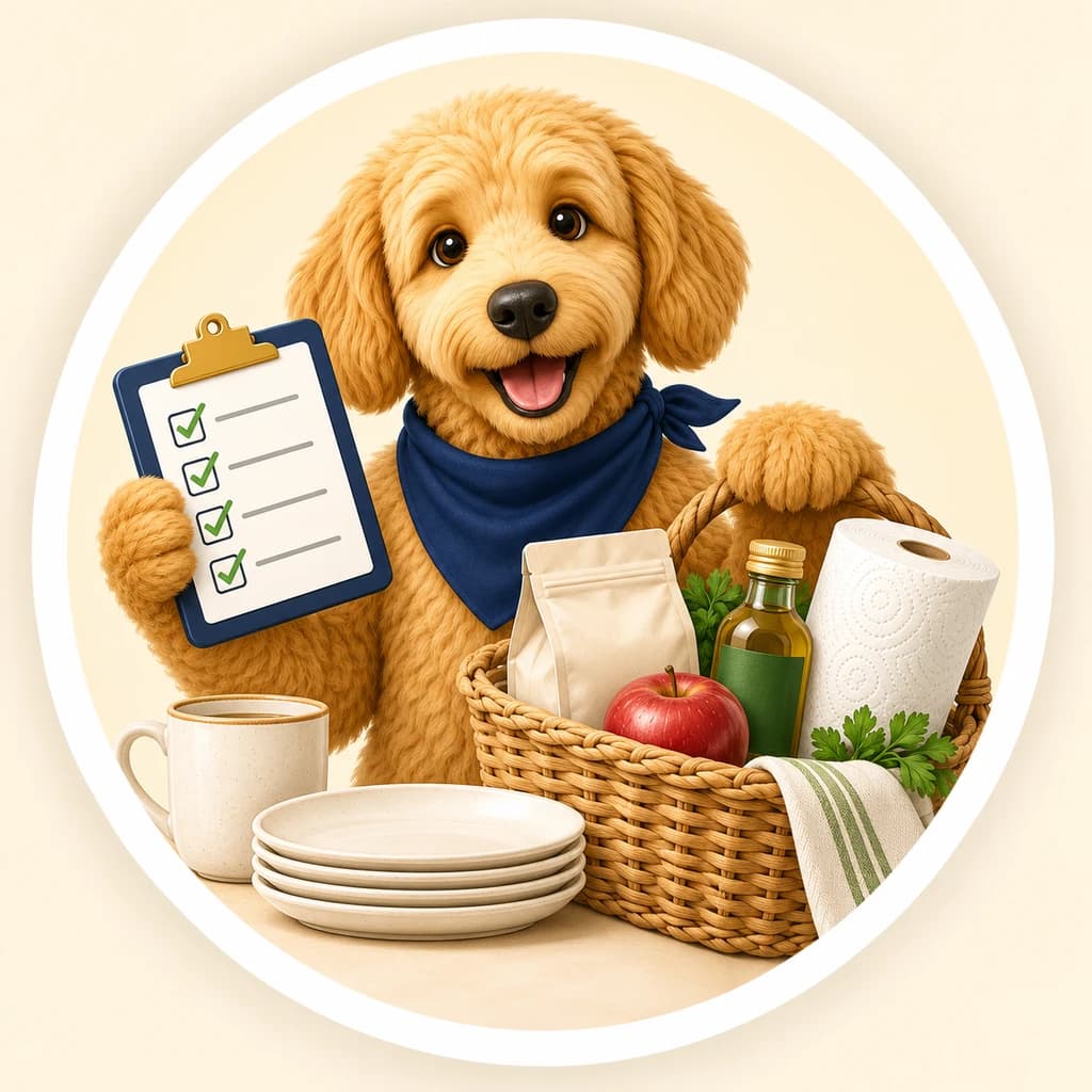 Scout the golden doodle planning a gathering with a grocery basket, coffee, and serving plates
