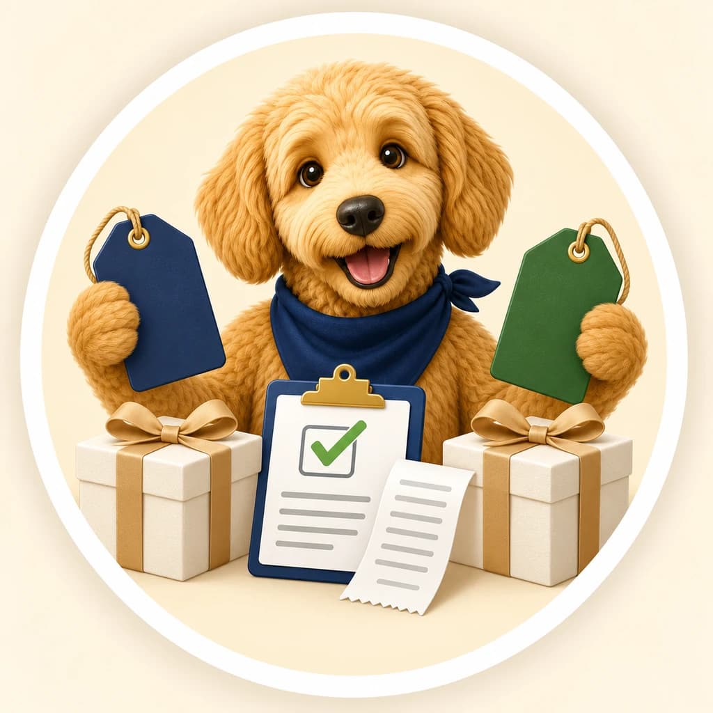 Scout the golden doodle comparing price tags on matching gifts with a receipt and checklist