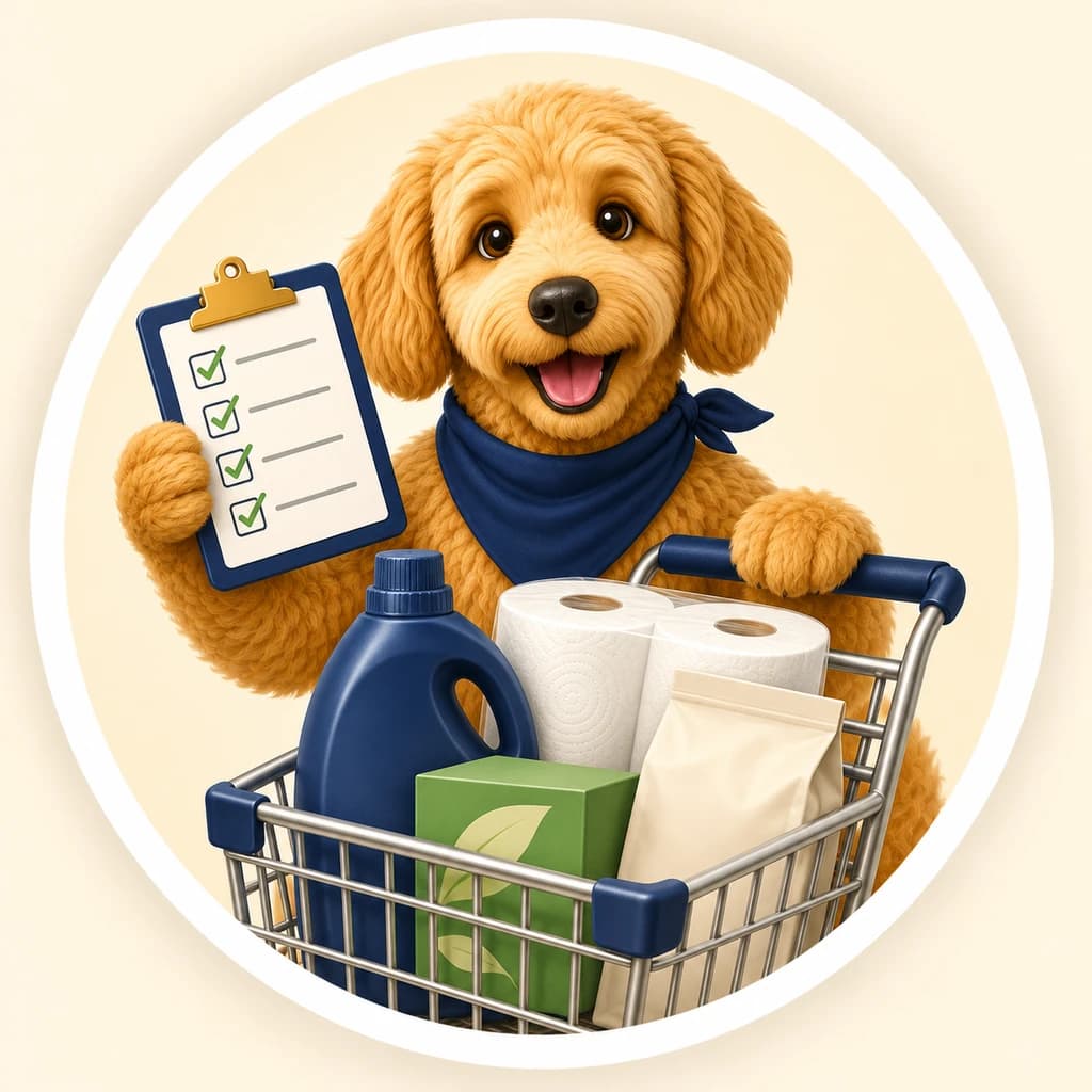 Scout the golden doodle checking a cart of detergent, paper rolls, coffee, and household supplies