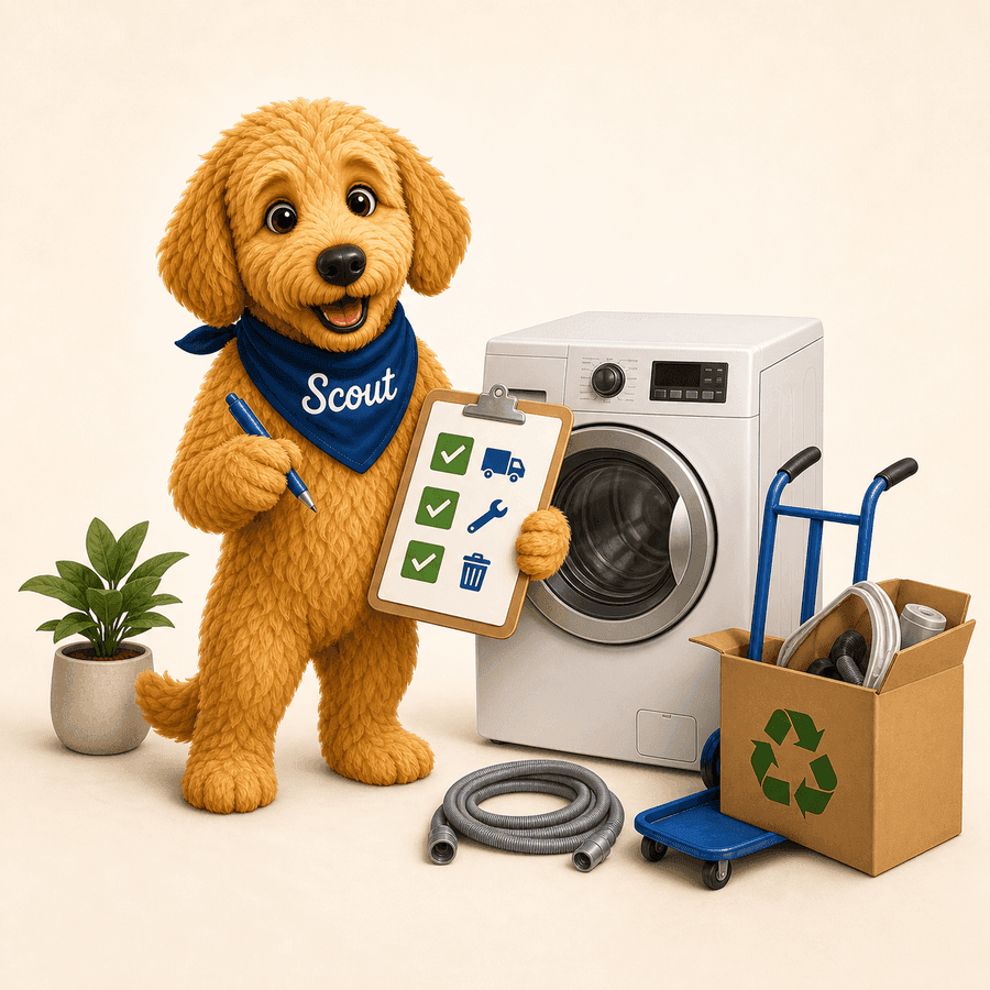 Scout the golden doodle checking appliance delivery, installation, and haul-away details