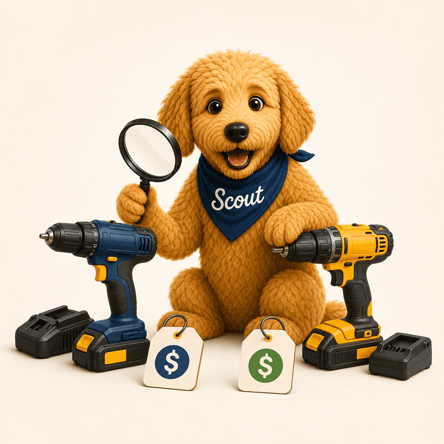 Scout the golden doodle comparing cordless drill kits, batteries, and price tags