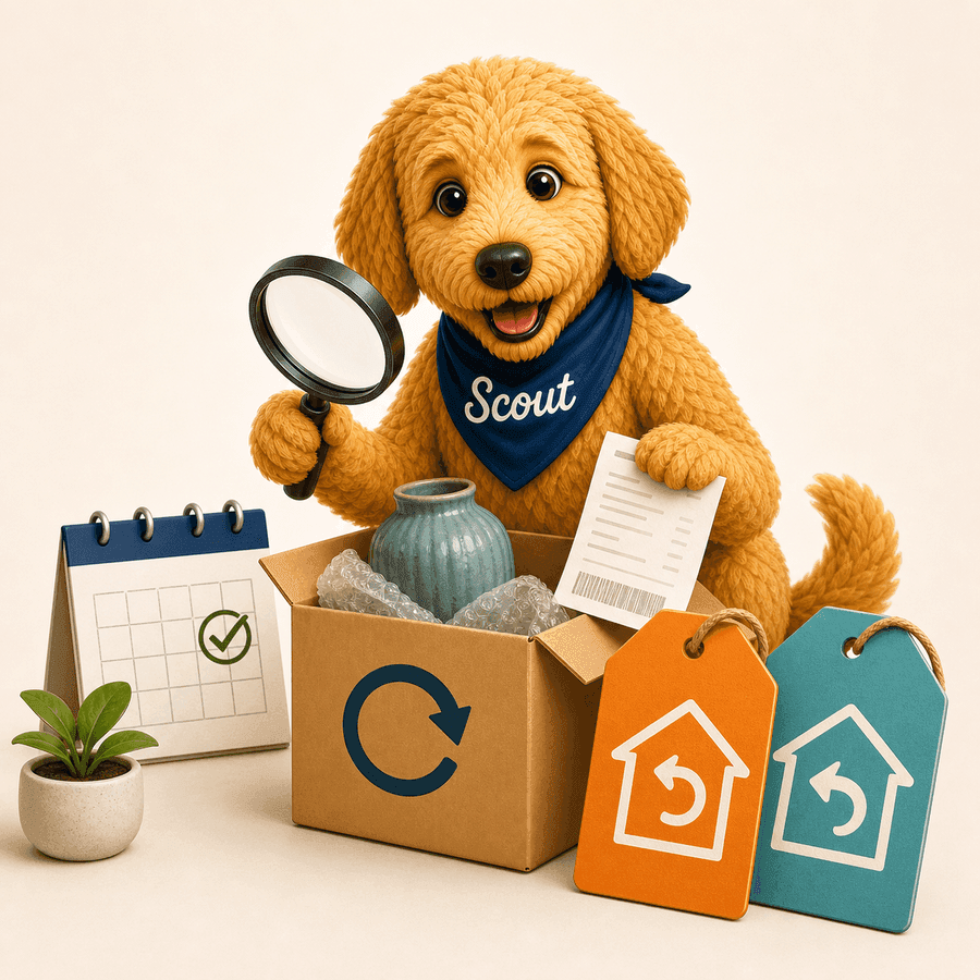 Scout the golden doodle checking a return box, receipt, calendar, and return tags