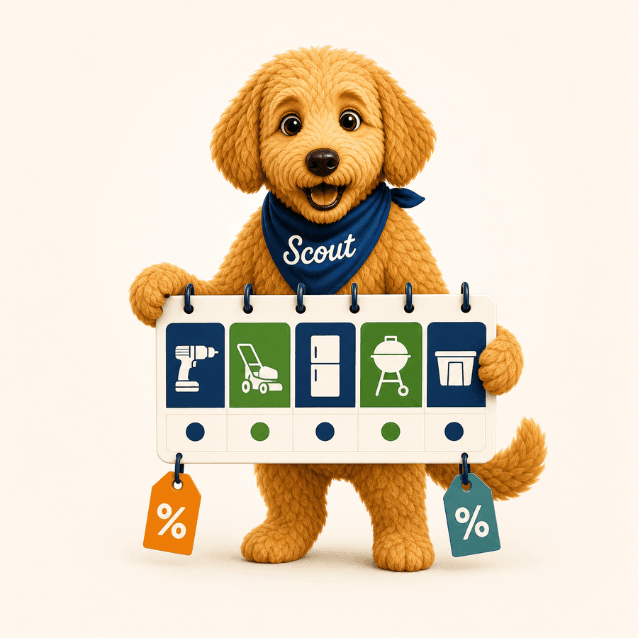 Scout the golden doodle holding a home improvement sales calendar with deal tags