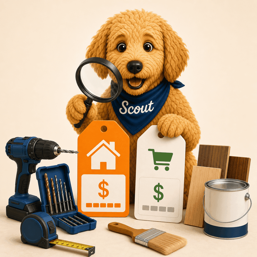 Scout the golden doodle comparing home-center price tags and project supplies