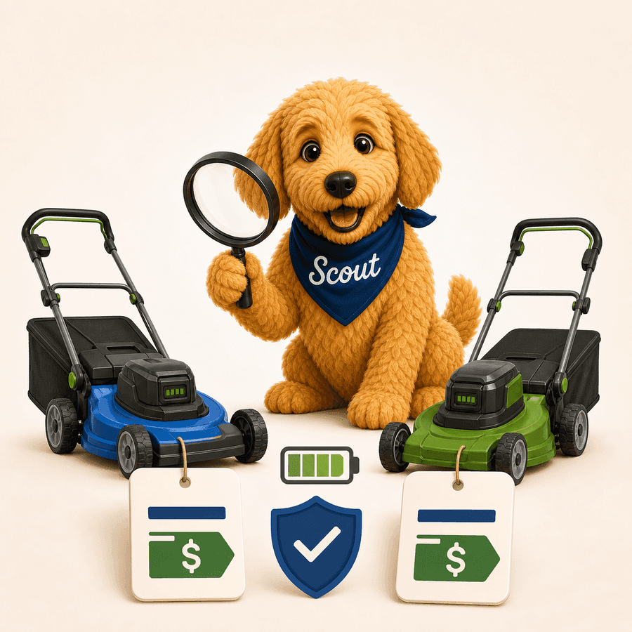 Scout the golden doodle comparing lawn mowers, price tags, battery, and warranty