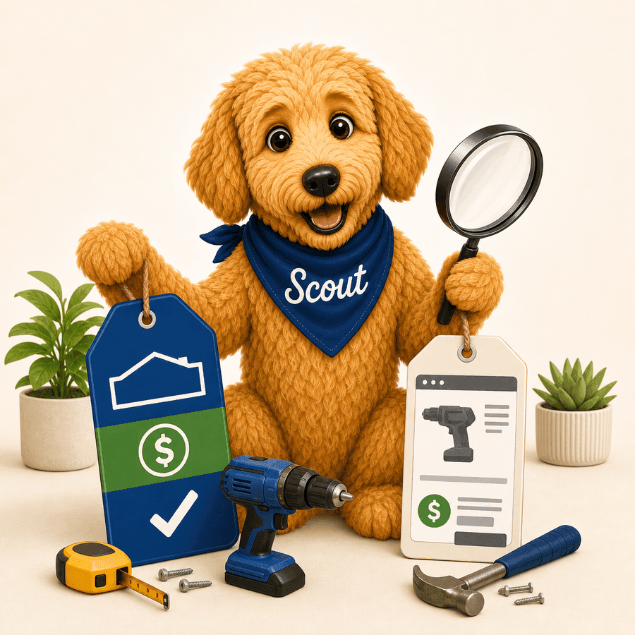 Scout the golden doodle comparing home-improvement price tags with a magnifying glass