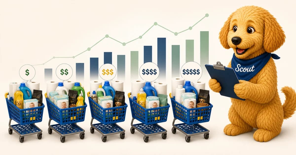 Illustrated household shopping carts compared against a price index