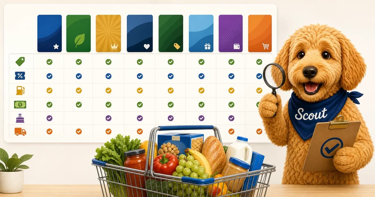 Illustrated retailer rewards cards compared against the same grocery basket