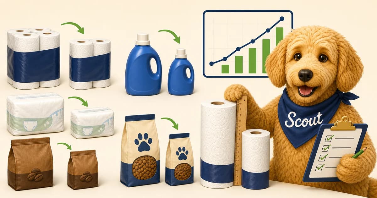 Illustrated household packages shrinking beside an increasing unit-price chart