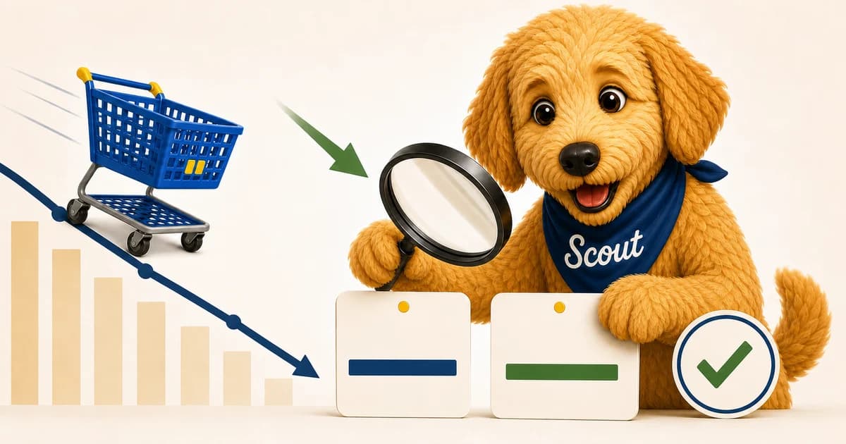 Illustrated price scout examining Walmart-style price tags and a falling price chart