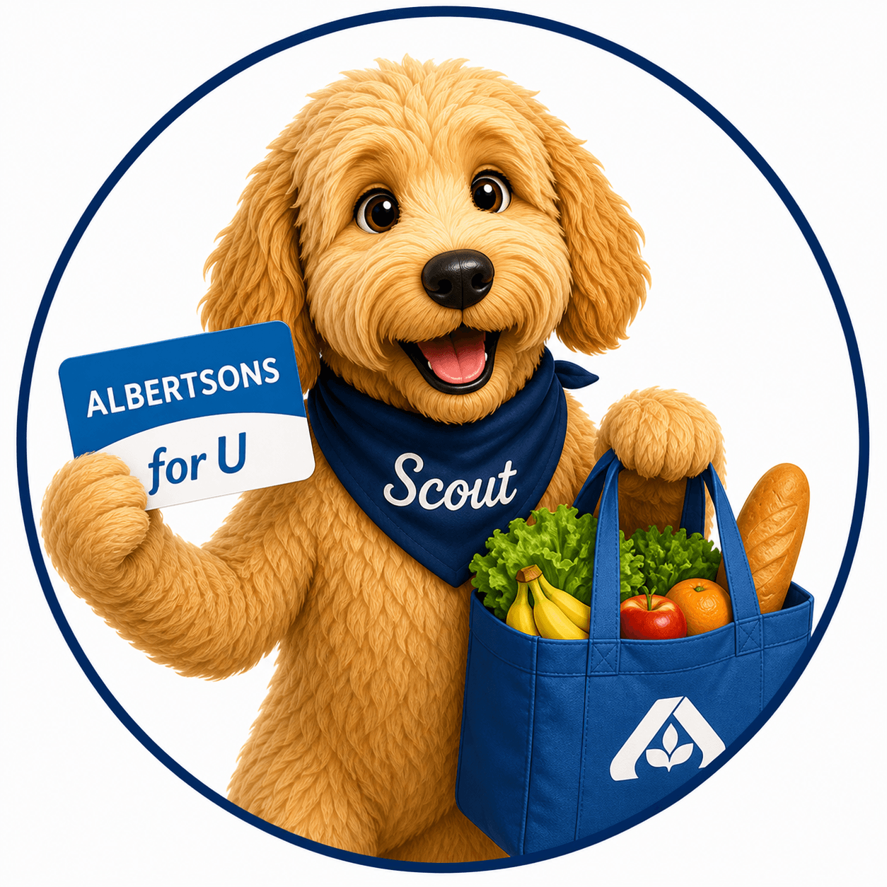 Scout holding an Albertsons for U card and a reusable grocery bag