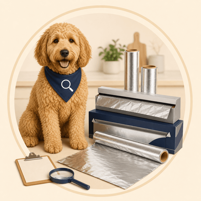 Scout holding a checklist beside household aluminum foil rolls