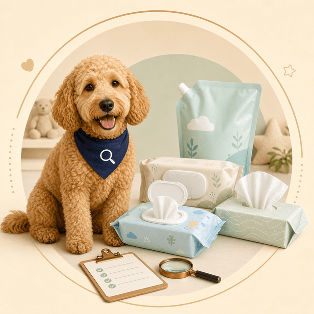 Scout holding a checklist beside baby wipes packs and refills