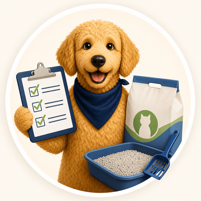 Scout holding a checklist with cat litter, a litter scoop, and a generic litter box