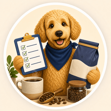 Scout holding a checklist with coffee beans, coffee bag, and mug