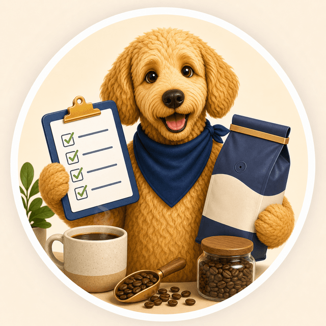 Scout holding a checklist with coffee beans, coffee bag, and mug