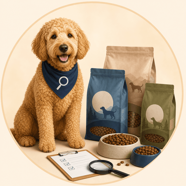 Scout holding a household price checklist beside dry dog food bags