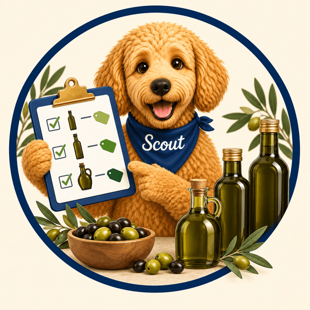 Scout comparing extra-virgin olive oil bottles and unit prices