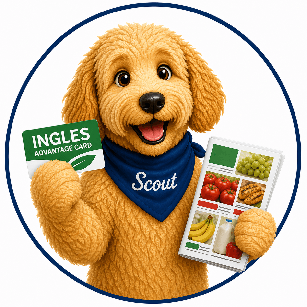 Scout holding an Ingles Advantage Card and weekly grocery ad