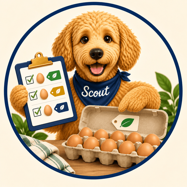 Scout comparing organic egg prices with a carton and checklist