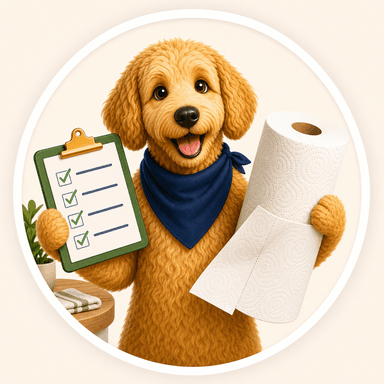 Scout holding a household checklist and a bundled pack of paper towel rolls