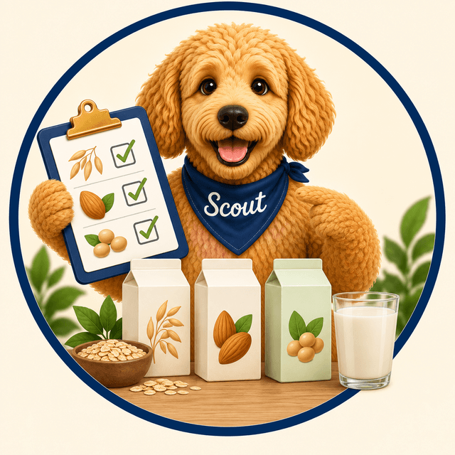 Scout comparing oat, almond, and soy milk cartons