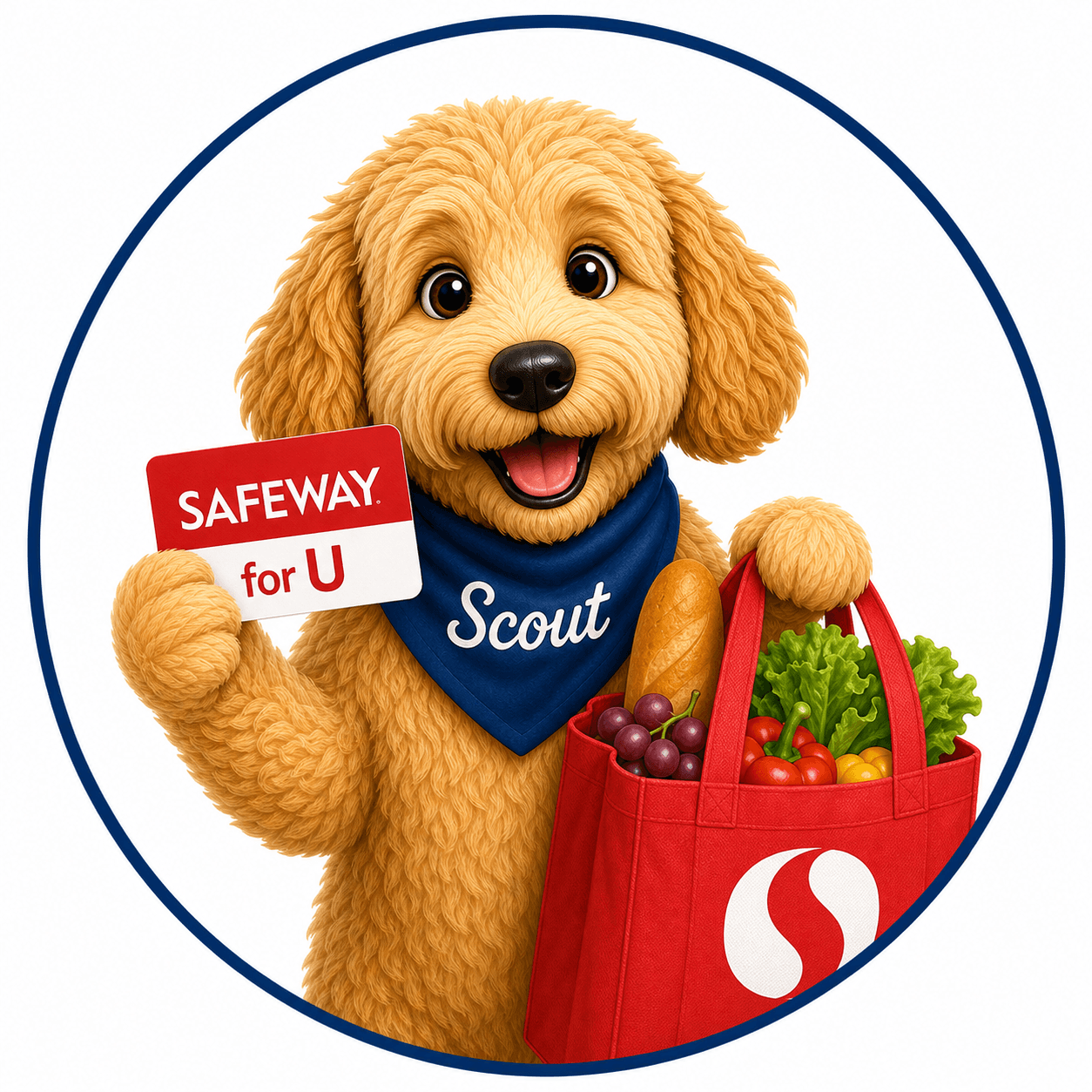 Scout holding a Safeway for U card and a reusable grocery bag