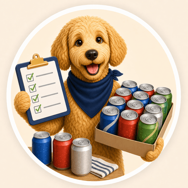 Scout holding a checklist with assorted soda cans in a multipack tray