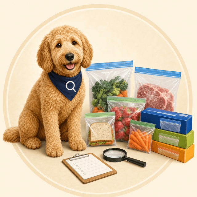 Scout holding a checklist beside food storage and freezer bags